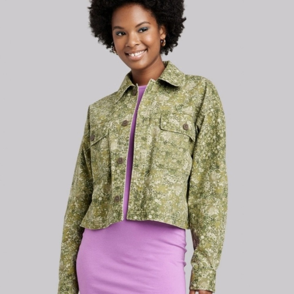 Wild Fable Jean Jacket Olive Green Print- NWT